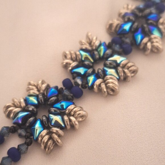 Artisan Beaded Metallic Blue Silver Snowflake Large Creative Bracelet - Picture 2 of 5